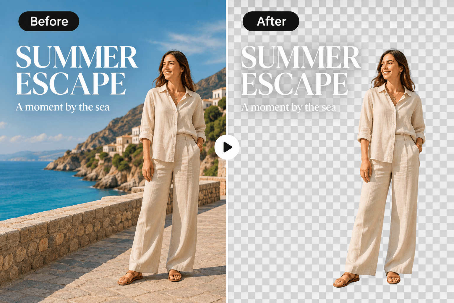 Before and after example of removing a background from a summer portrait