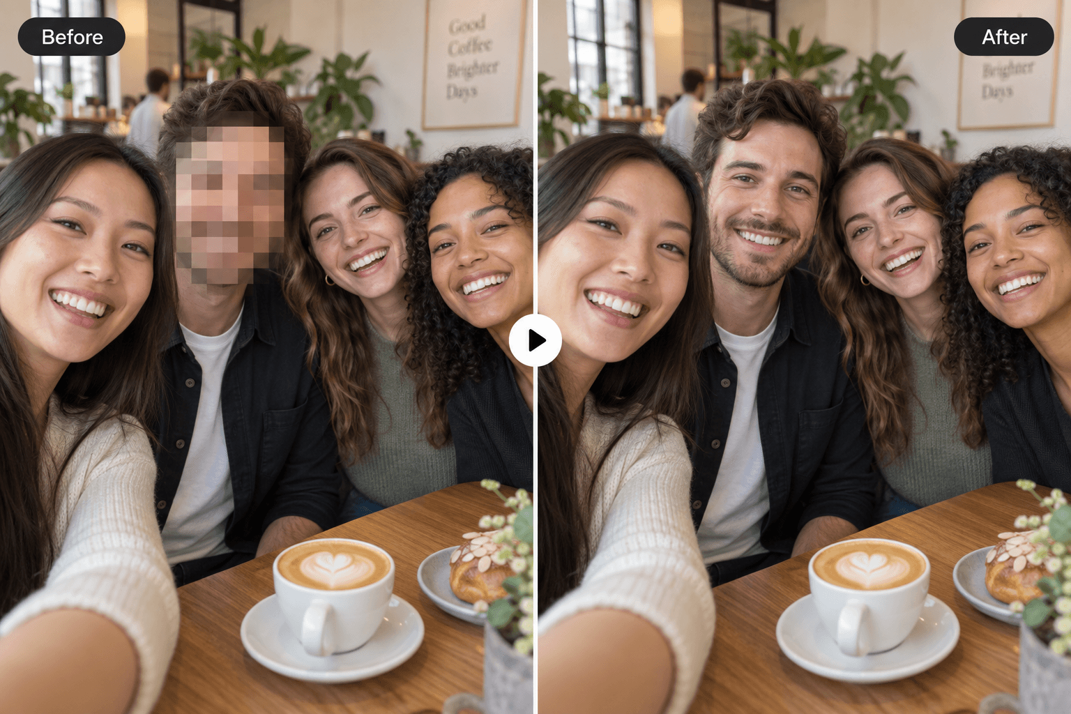Before and after example of AI rebuilding a mosaic-covered face in a café group photo
